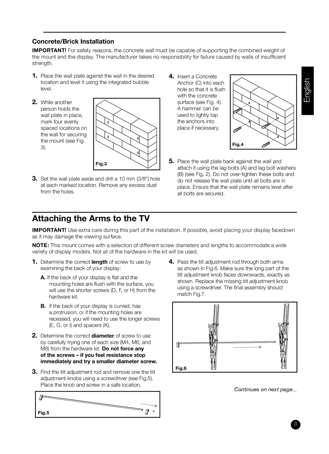 RCA MAF75BKR installation manual Attaching the Arms to the TV, Concrete/Brick Installation 