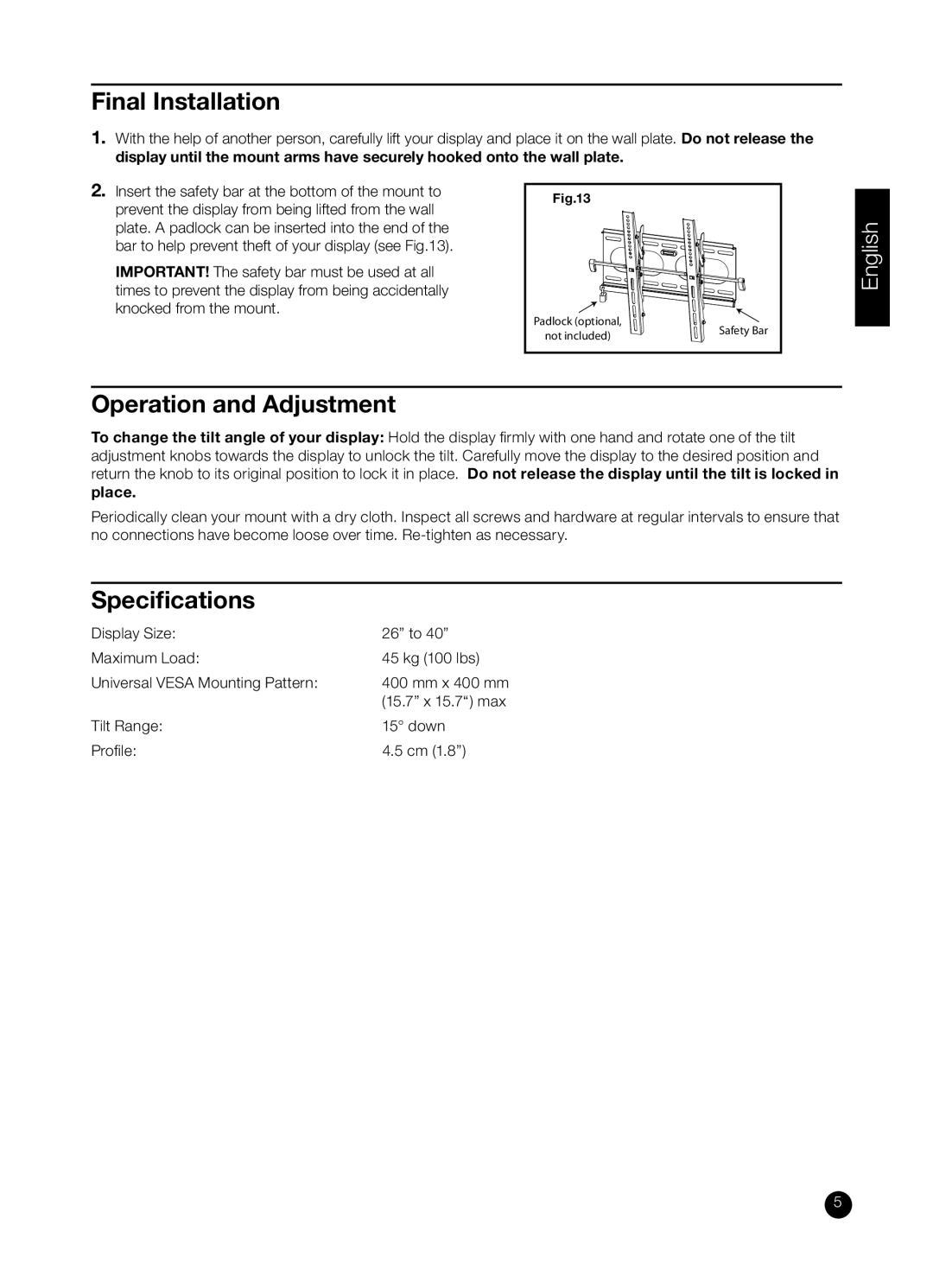 RCA MAF75BKR installation manual Final Installation, Operation and Adjustment, Speciﬁcations 