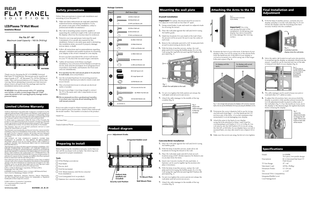 RCA MAF80BK installation manual Safety precautions, Mounting the wall plate, Attaching the Arms to the TV, Product diagram 