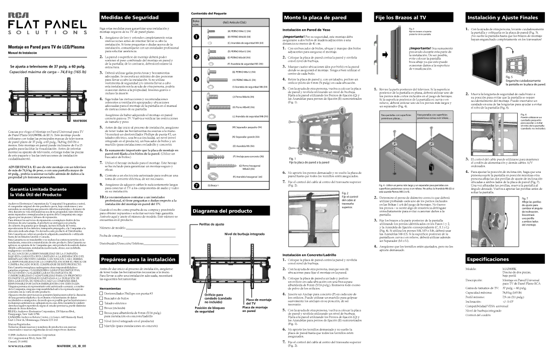 RCA MAF80BK Medidas de Seguridad, Diagrama del producto, Monte la placa de pared, Fije los Brazos al TV, Especificaciones 