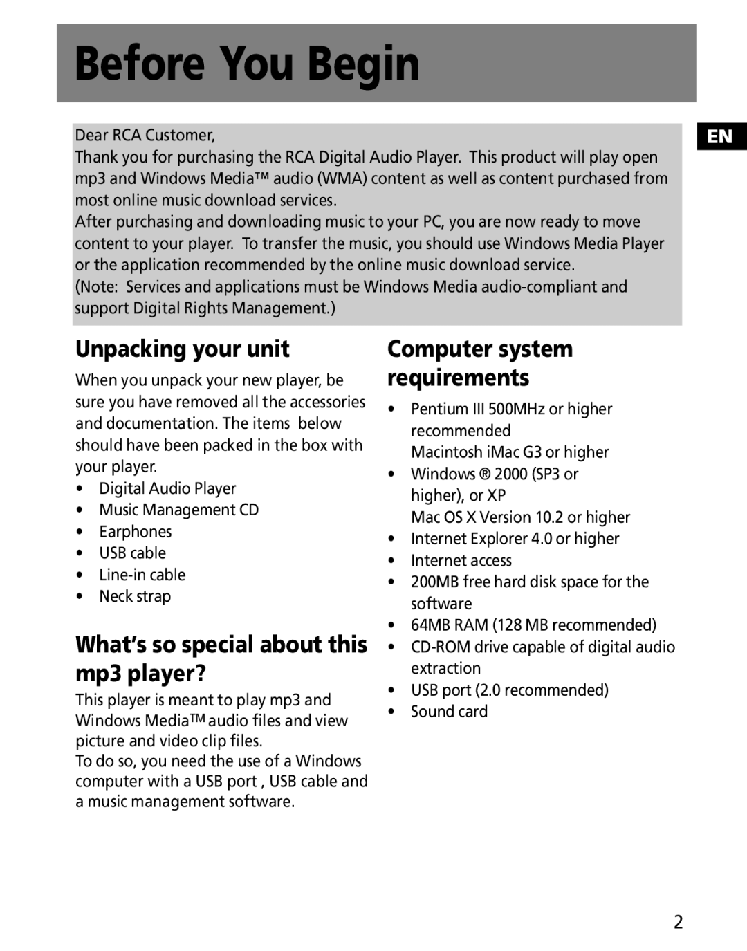 RCA MC2601, MC2602 Before You Begin, Unpacking your unit, What’s so special about this mp3 player?, Dear RCA Customer 