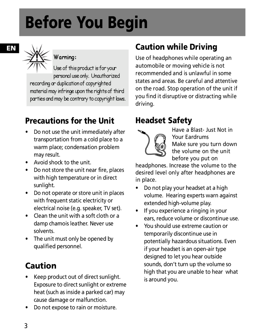 RCA MC2602, MC2601 user manual Precautions for the Unit, Headset Safety, Do not expose to rain or moisture 