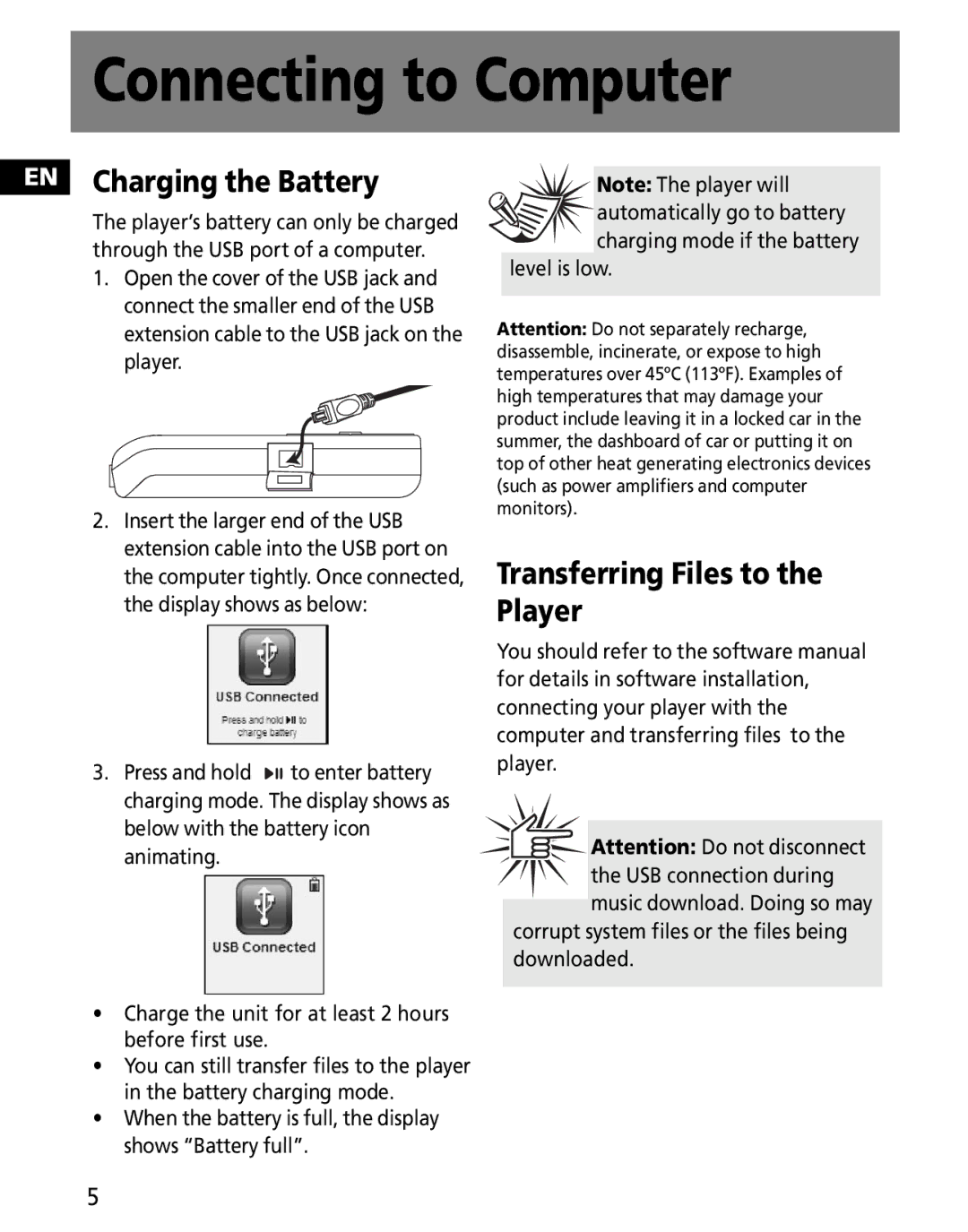 RCA MC2602, MC2601 Connecting to Computer, EN Charging the Battery, Transferring Files to the Player, Level is low 