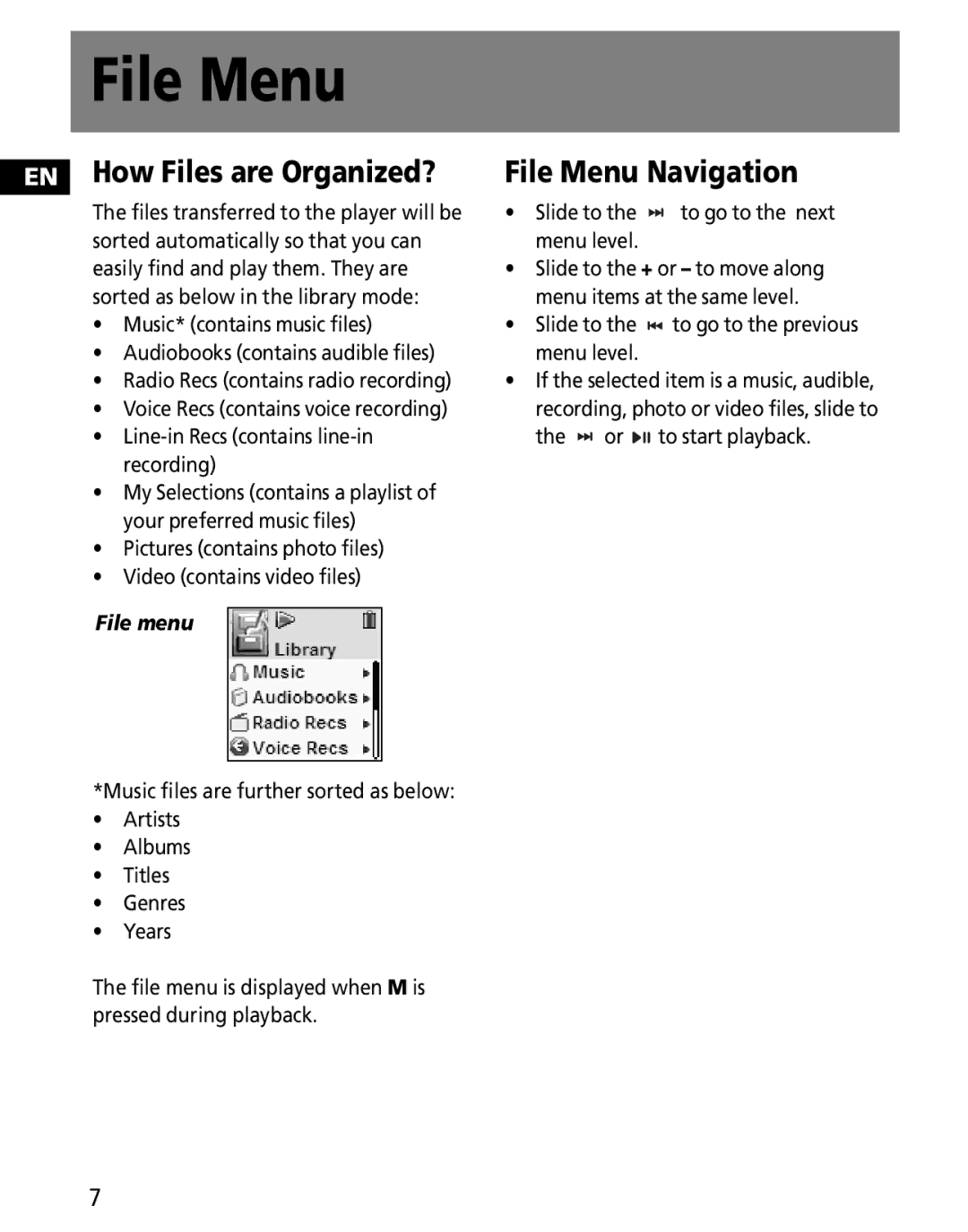 RCA MC2602, MC2601 user manual File Menu, Slide to the to go to the previous menu level 