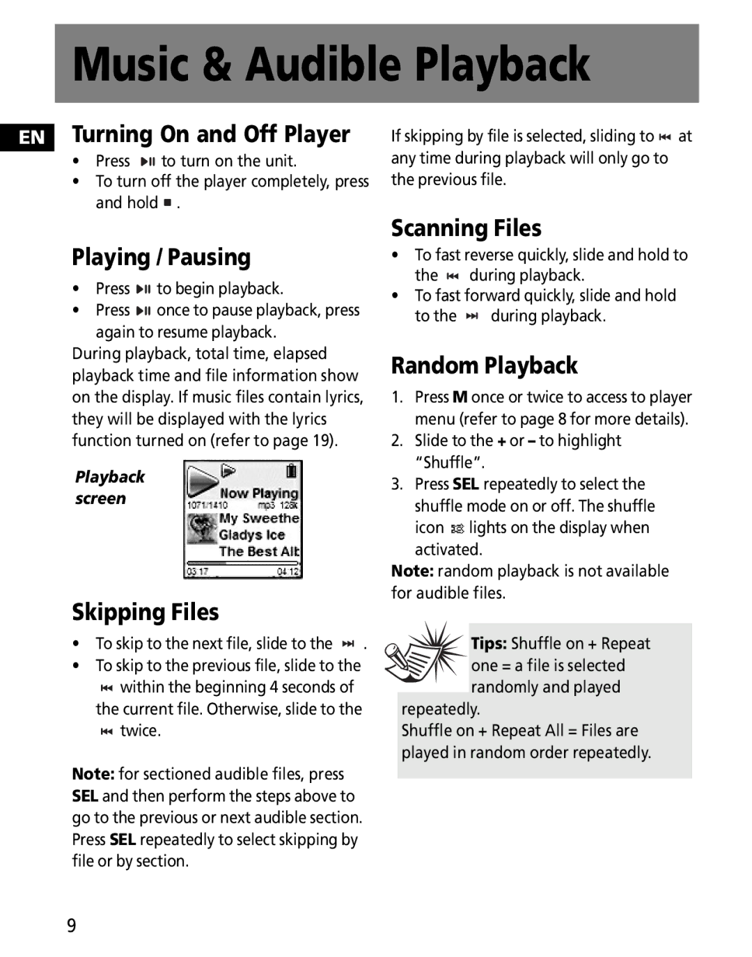 RCA MC2602, MC2601 user manual Music & Audible Playback 