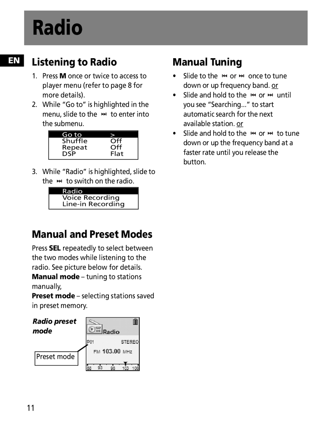 RCA MC2602, MC2601 user manual EN Listening to Radio, Manual and Preset Modes, Manual Tuning, Preset mode 