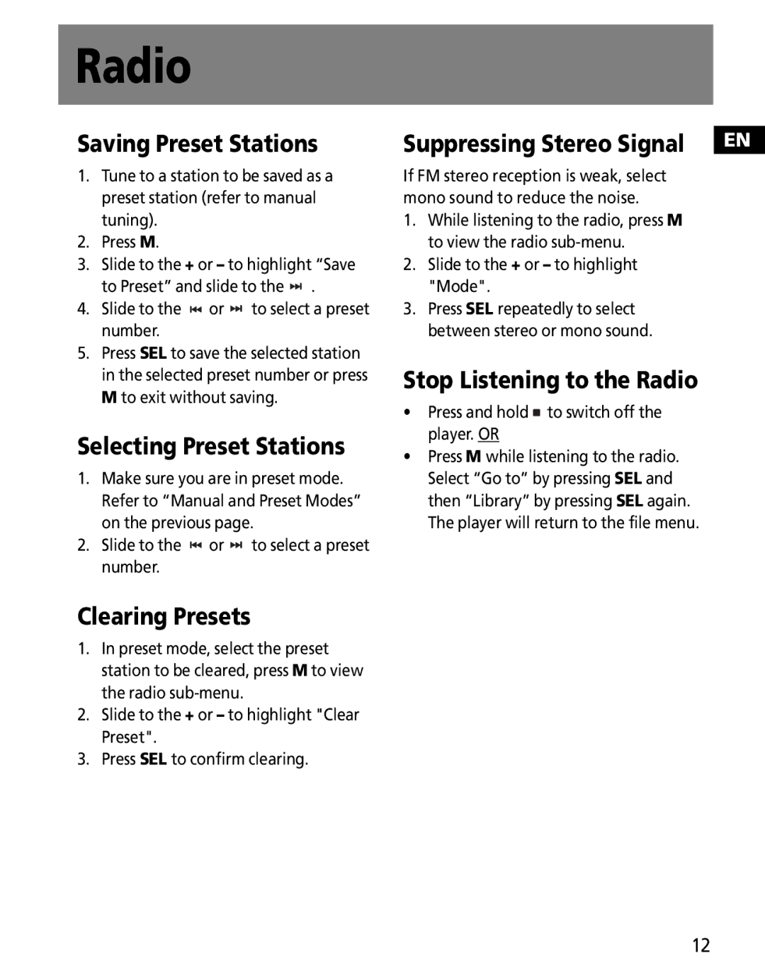 RCA MC2601, MC2602 Saving Preset Stations, Selecting Preset Stations, Clearing Presets, Stop Listening to the Radio 