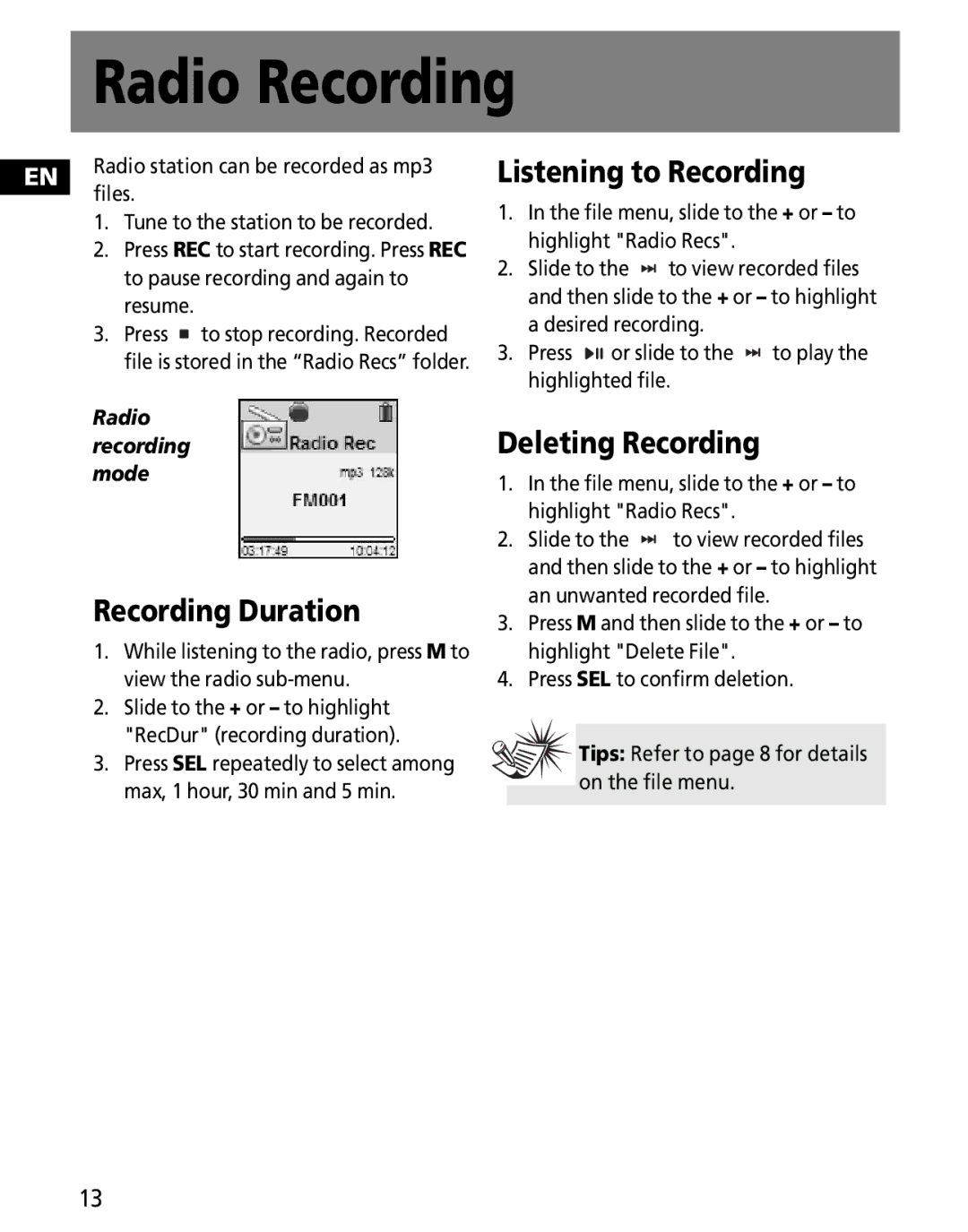 RCA MC2602, MC2601 user manual Radio Recording, Recording Duration, Listening to Recording, Deleting Recording 