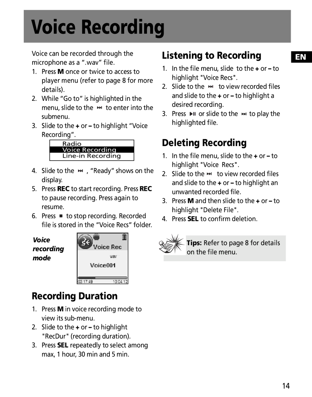 RCA MC2601, MC2602 user manual Voice Recording, File menu, slide to the + or to highlight Voice Recs 