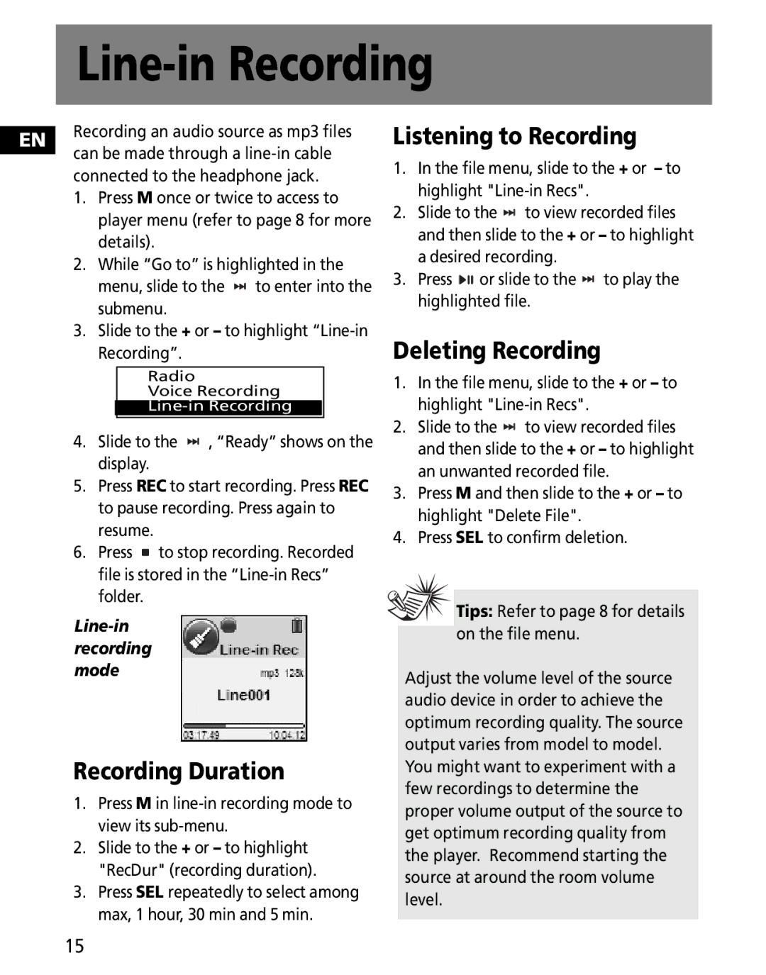 RCA MC2602, MC2601 user manual Line-in Recording 