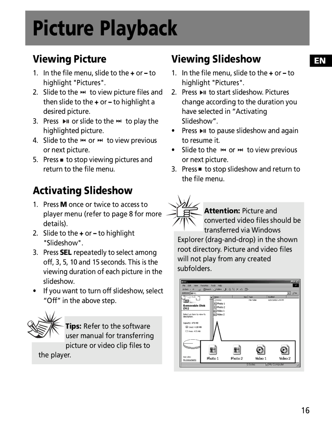 RCA MC2601, MC2602 user manual Picture Playback, Viewing Picture, Activating Slideshow 