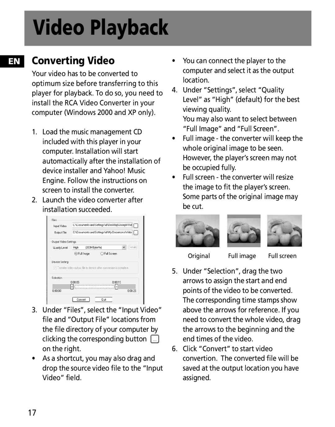 RCA MC2602, MC2601 user manual Video Playback, EN Converting Video 