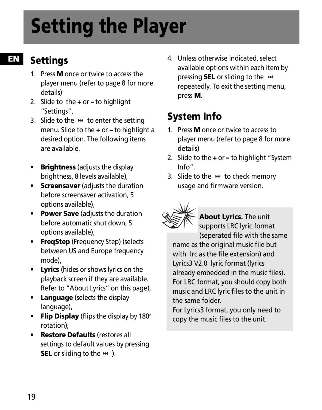 RCA MC2602, MC2601 user manual Setting the Player, EN Settings, System Info 