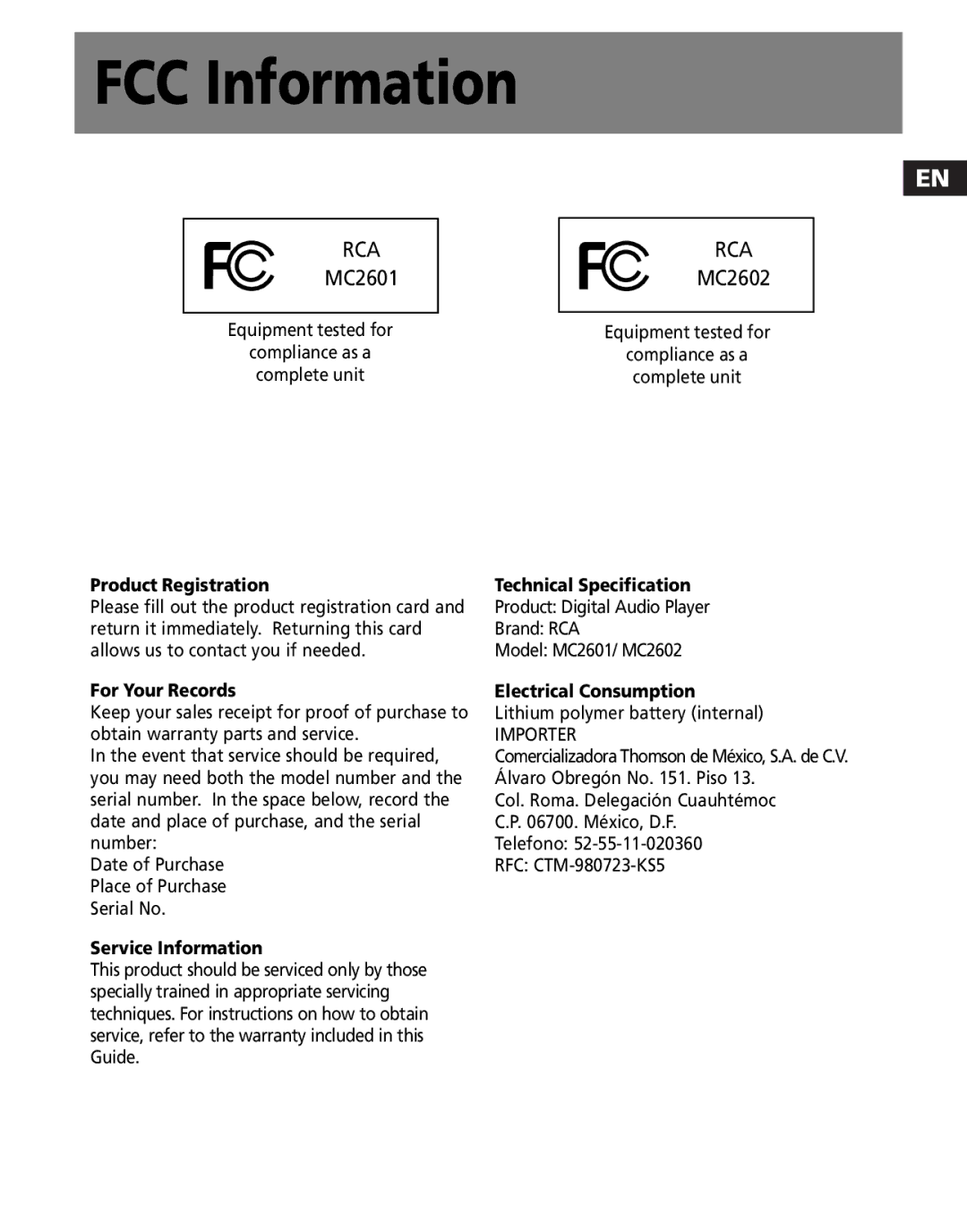 RCA MC2601 user manual MC2602 