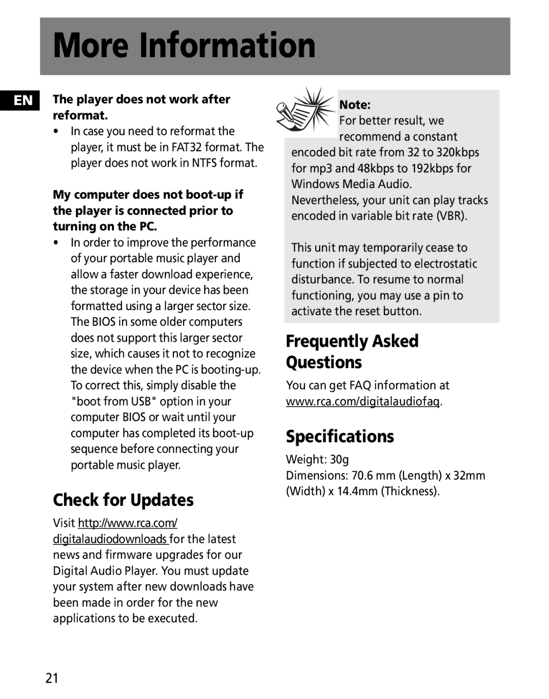 RCA MC2602, MC2601 user manual Check for Updates, Frequently Asked Questions Specifications, Weight 30g 