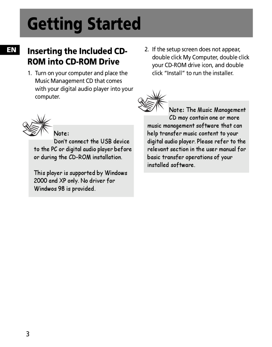 RCA MC2602, MC2601 user manual Getting Started, EN Inserting the Included CD- ROM into CD-ROM Drive 