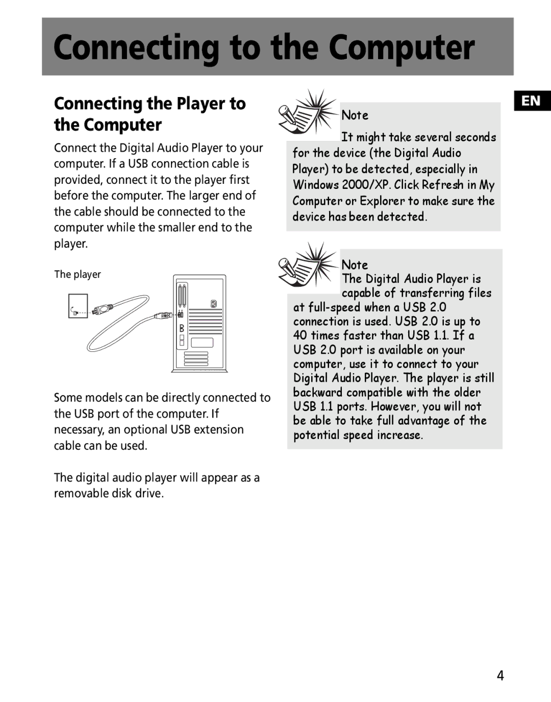 RCA MC2601, MC2602 user manual Connecting to the Computer, Connecting the Player to the Computer 