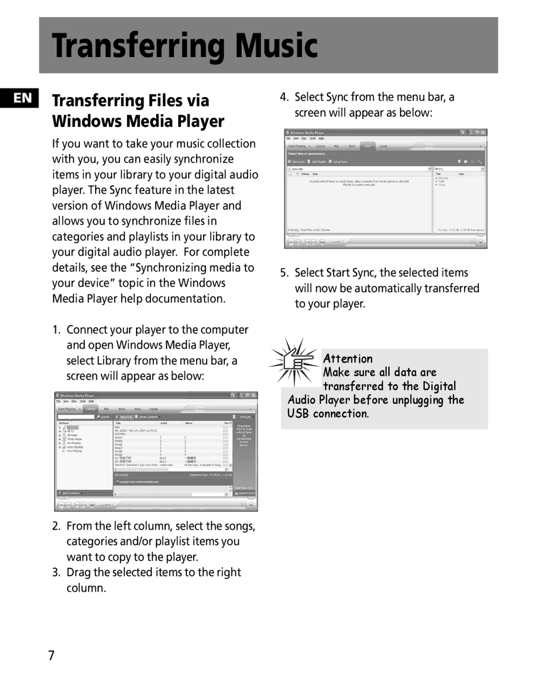 RCA MC2602, MC2601 user manual EN Transferring Files via Windows Media Player, Drag the selected items to the right column 