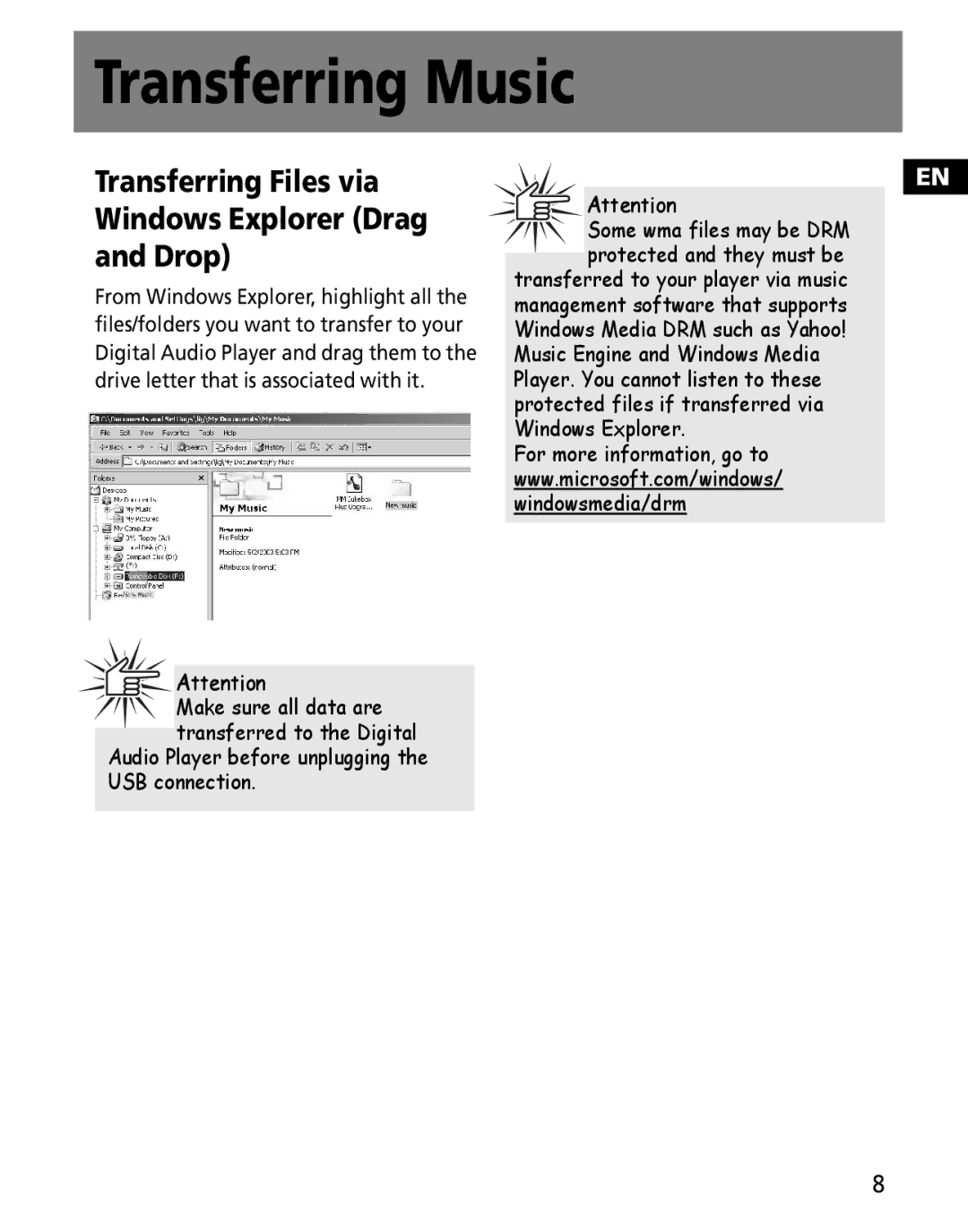 RCA MC2601, MC2602 user manual Transferring Files via Windows Explorer Drag and Drop 