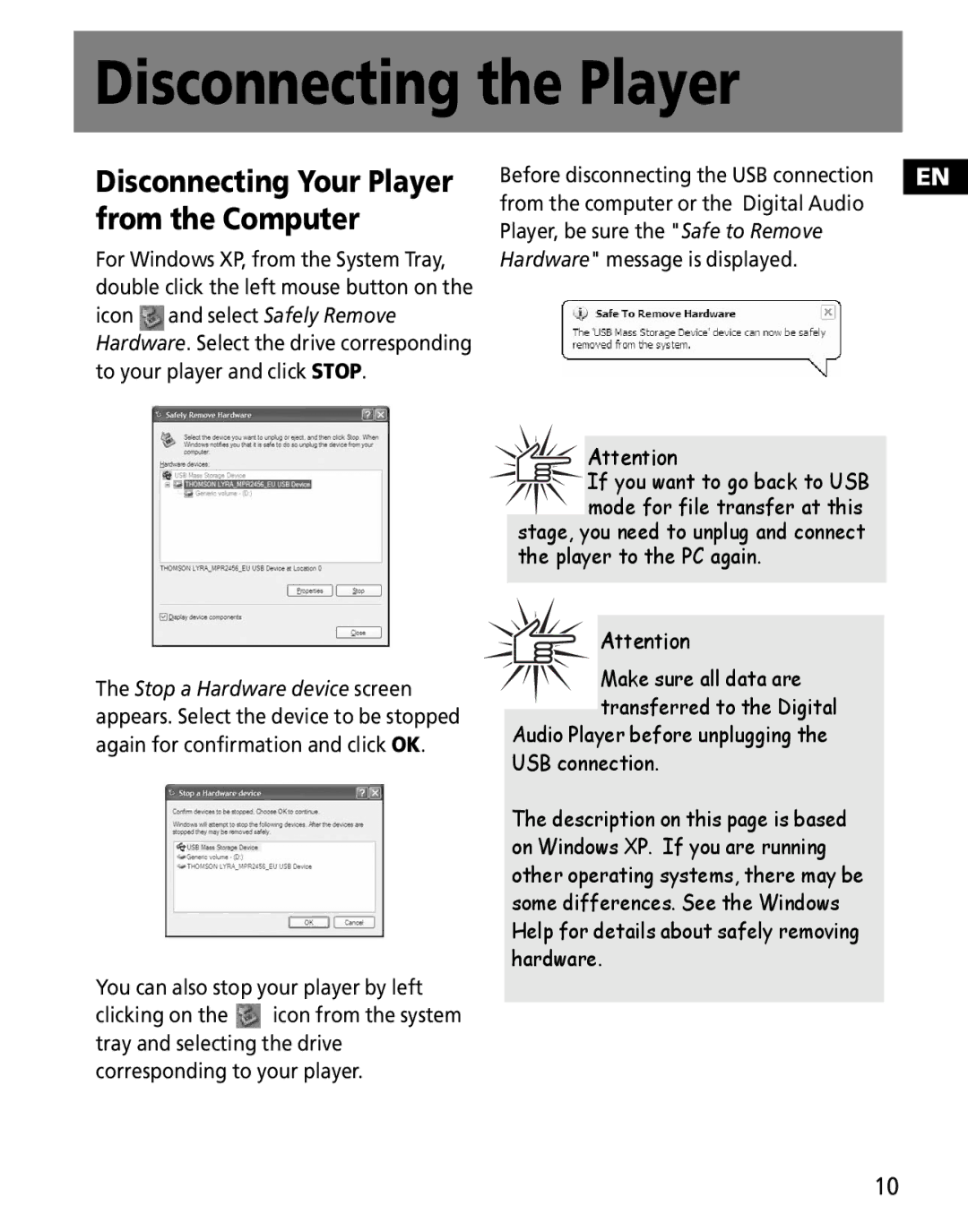 RCA MC2601, MC2602 user manual Disconnecting the Player, Disconnecting Your Player from the Computer 