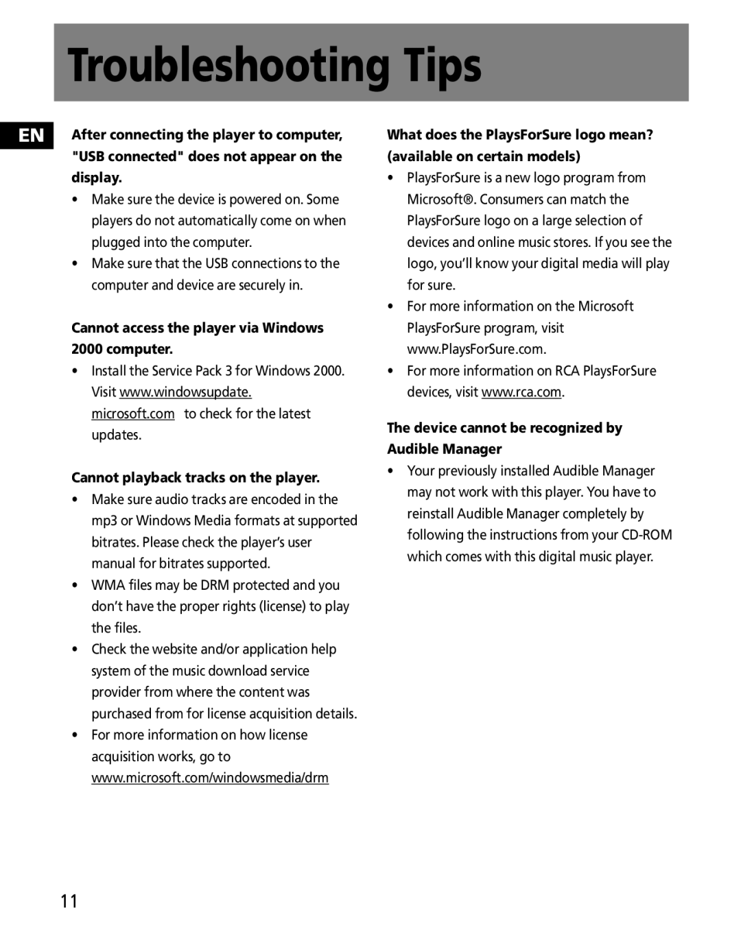 RCA MC2602, MC2601 user manual Troubleshooting Tips, Device cannot be recognized by Audible Manager 