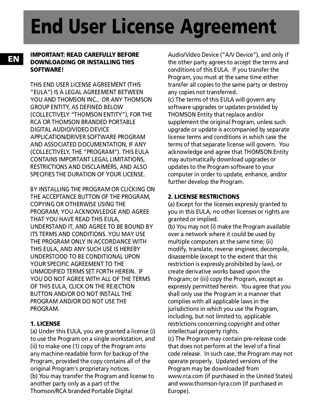 RCA MC2602, MC2601 user manual End User License Agreement 