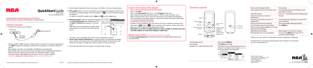 RCA MC41 Series quick start Learn more about the player, General controls, Getting Started 