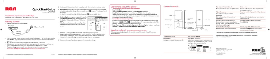 RCA MC43 Series quick start Learn more about the player, General controls, Getting Started 