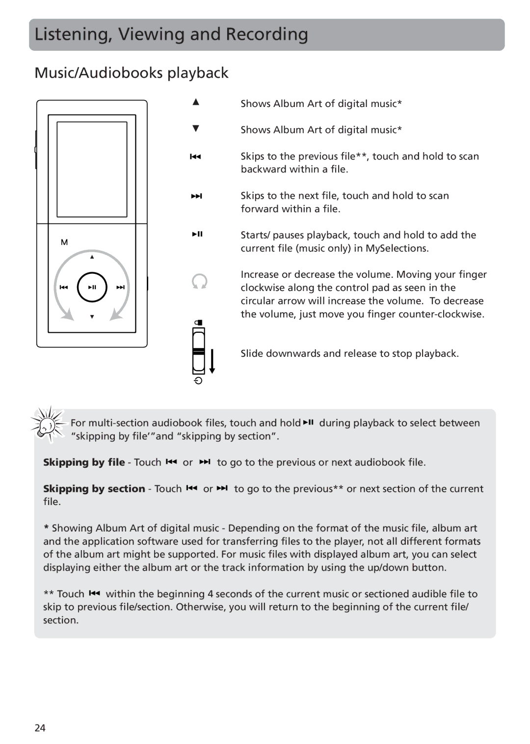 RCA MC5102 MC5104 user manual Listening, Viewing and Recording, Music/Audiobooks playback 