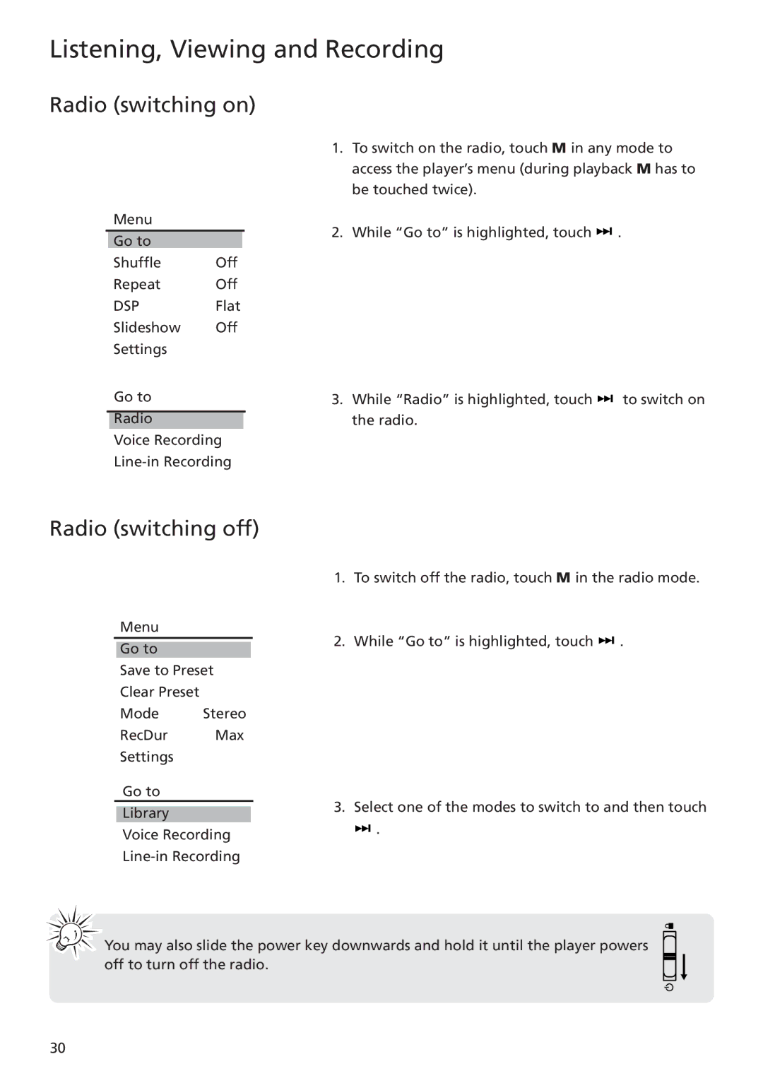 RCA MC5102 MC5104 user manual Radio switching on, Radio switching off 