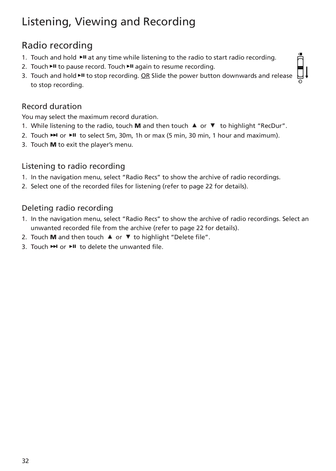 RCA MC5102 MC5104 user manual Radio recording, Record duration, Listening to radio recording, Deleting radio recording 