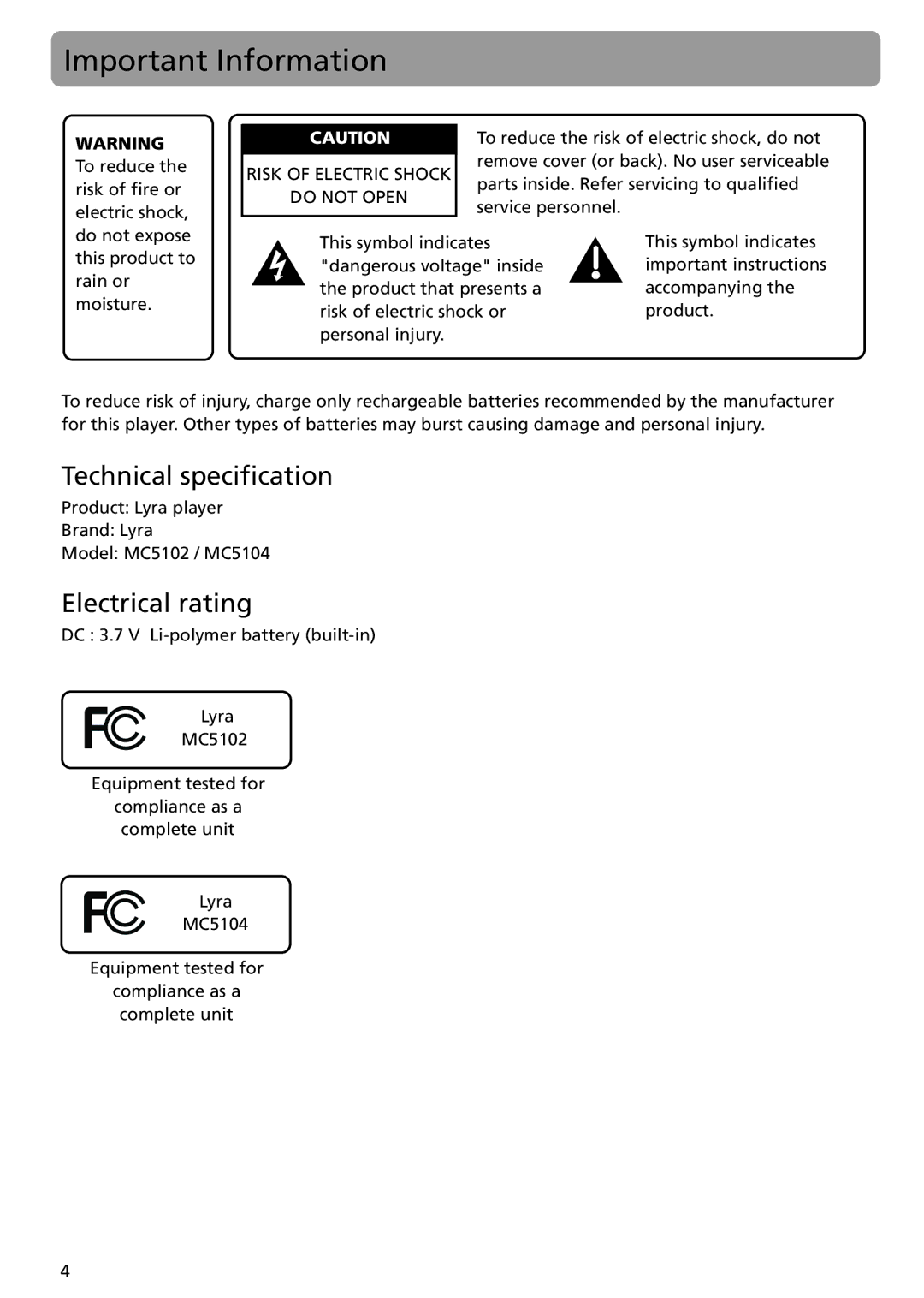 RCA MC5102 MC5104 user manual Important Information, Technical specification, Electrical rating 