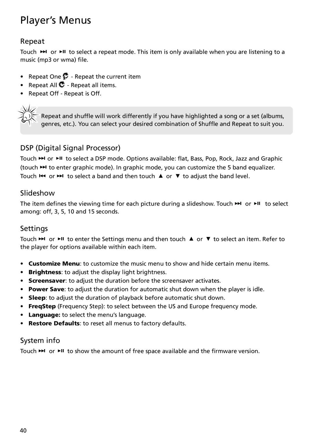 RCA MC5102 MC5104 user manual Repeat, DSP Digital Signal Processor, Slideshow, Settings, System info 