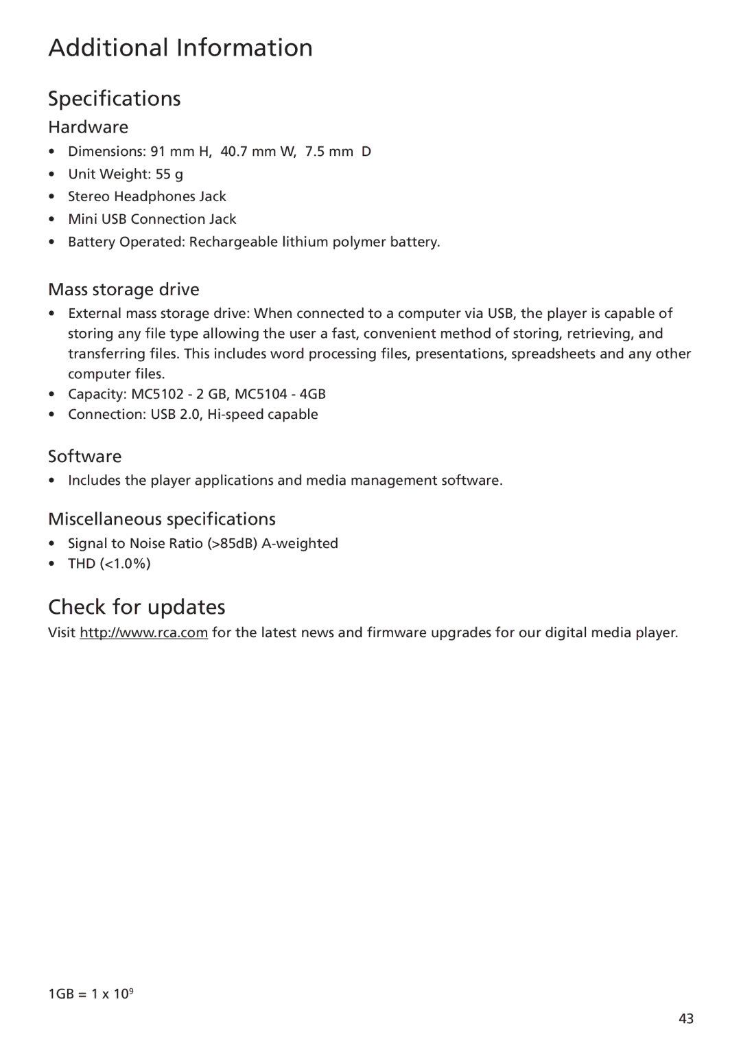 RCA MC5102 MC5104 user manual Specifications, Check for updates 