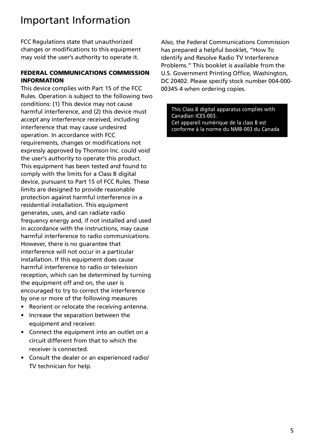 RCA MC5102 MC5104 user manual Federal Communications Commission Information 