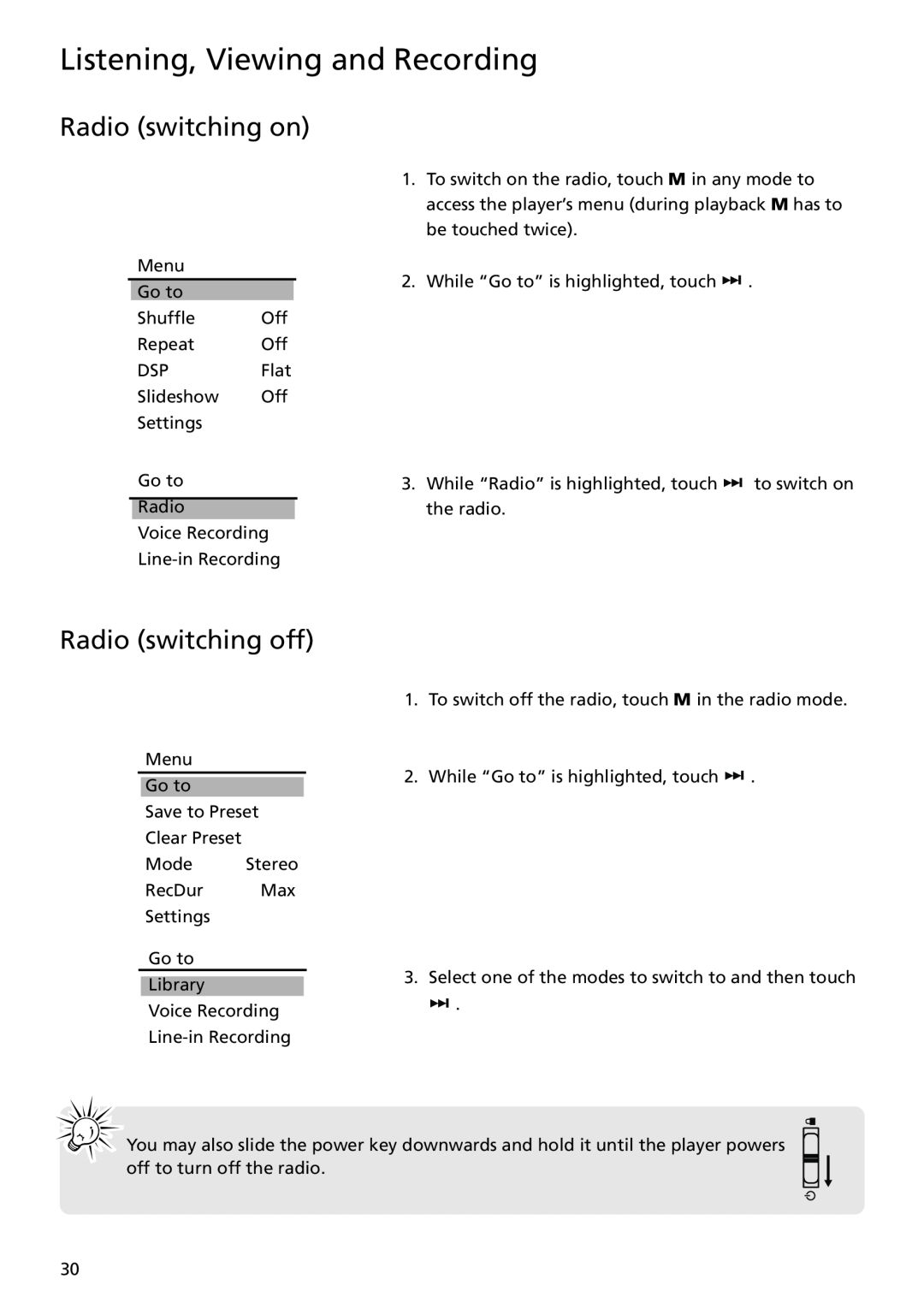 RCA MC5104, MC5102 user manual Radio switching on, Radio switching off, Listening, Viewing and Recording 