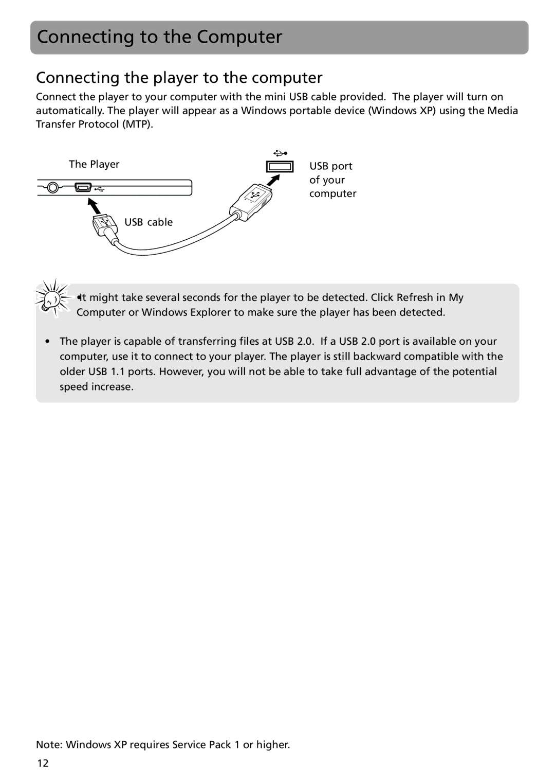 RCA MC5104 user manual Connecting to the Computer, Connecting the player to the computer 