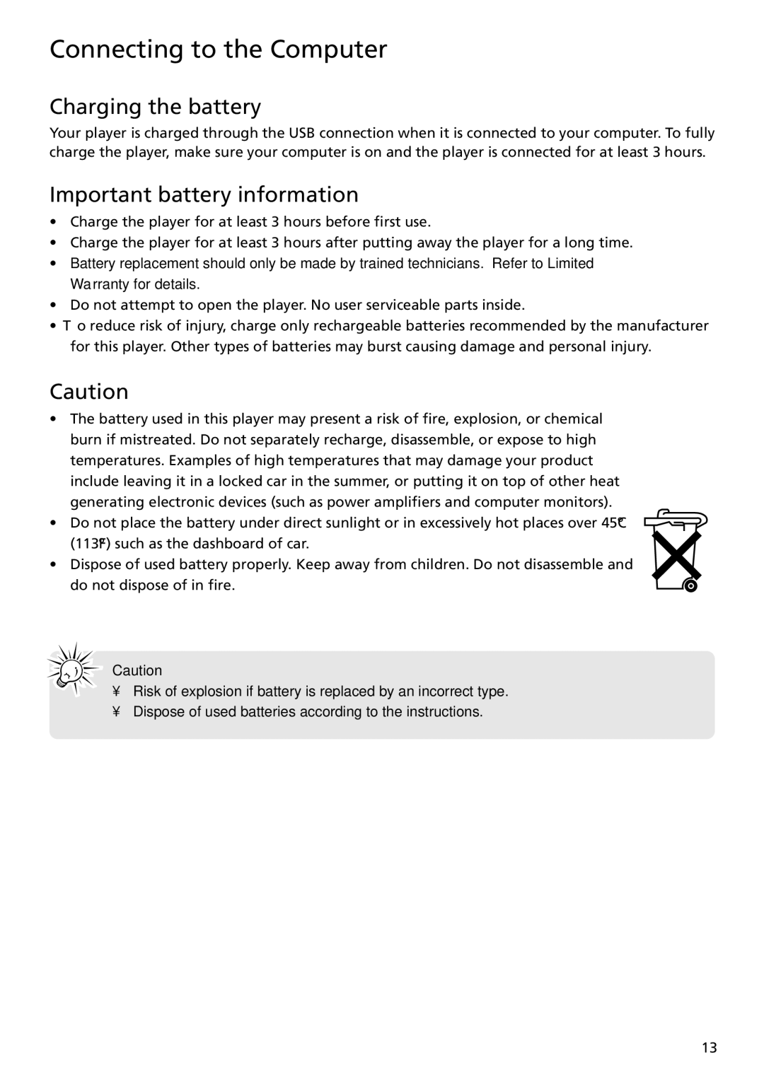 RCA MC5104 user manual Charging the battery, Important battery information 