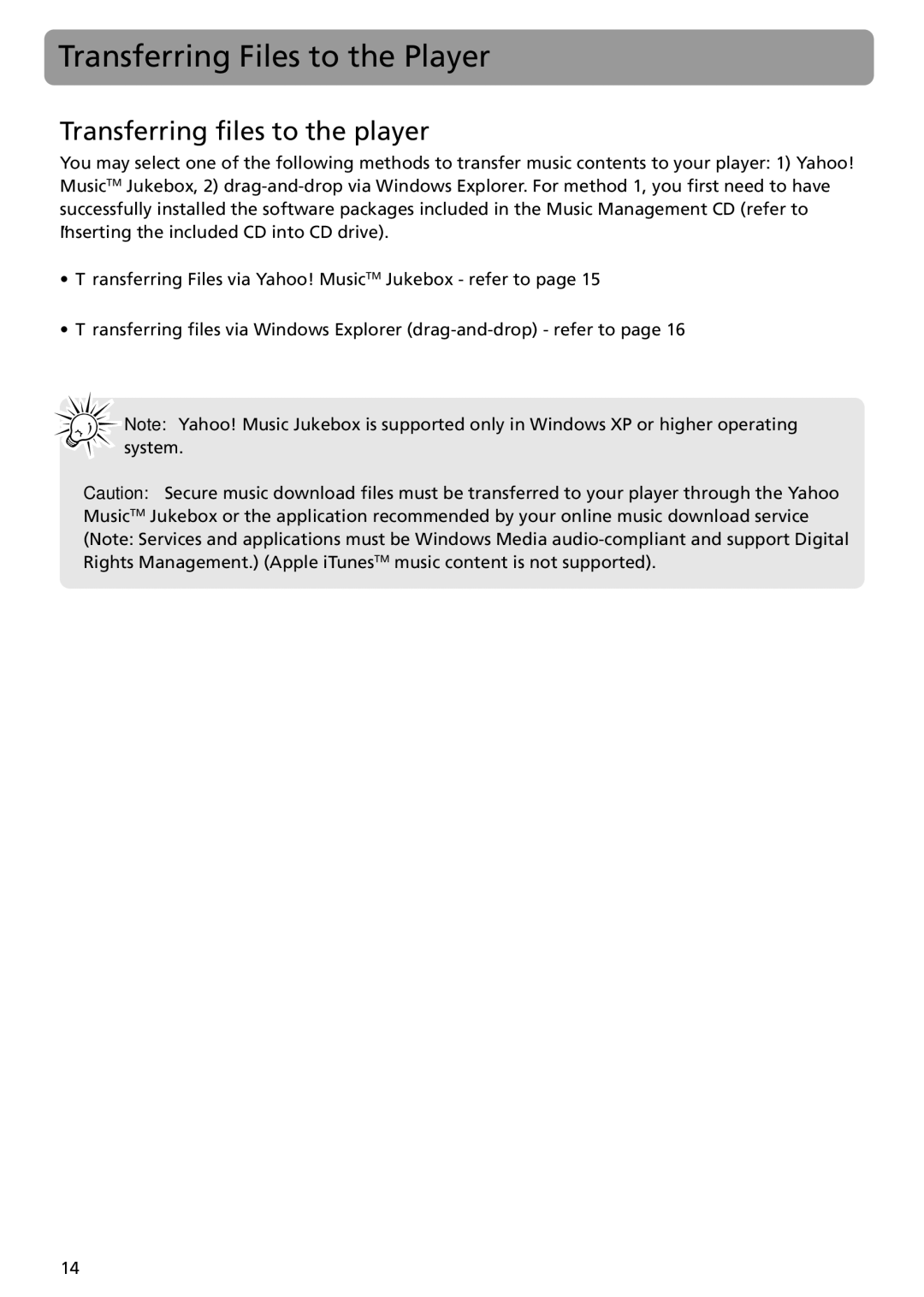 RCA MC5104 user manual Transferring Files to the Player, Transferring files to the player 