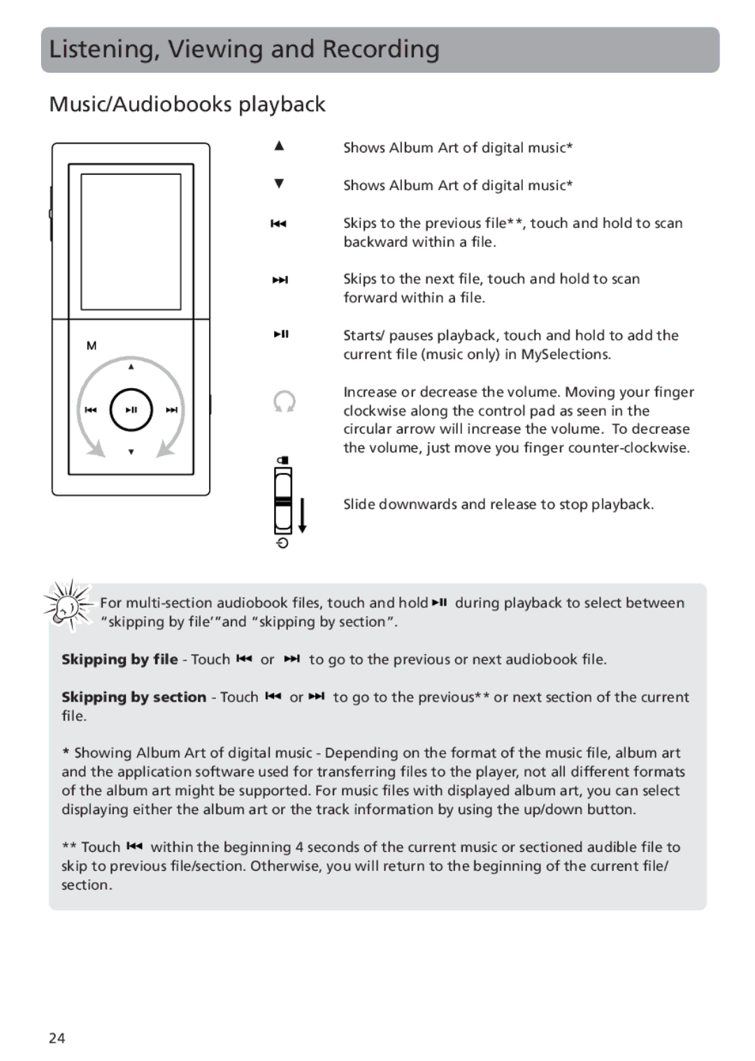 RCA MC5104 user manual Listening, Viewing and Recording, Music/Audiobooks playback 