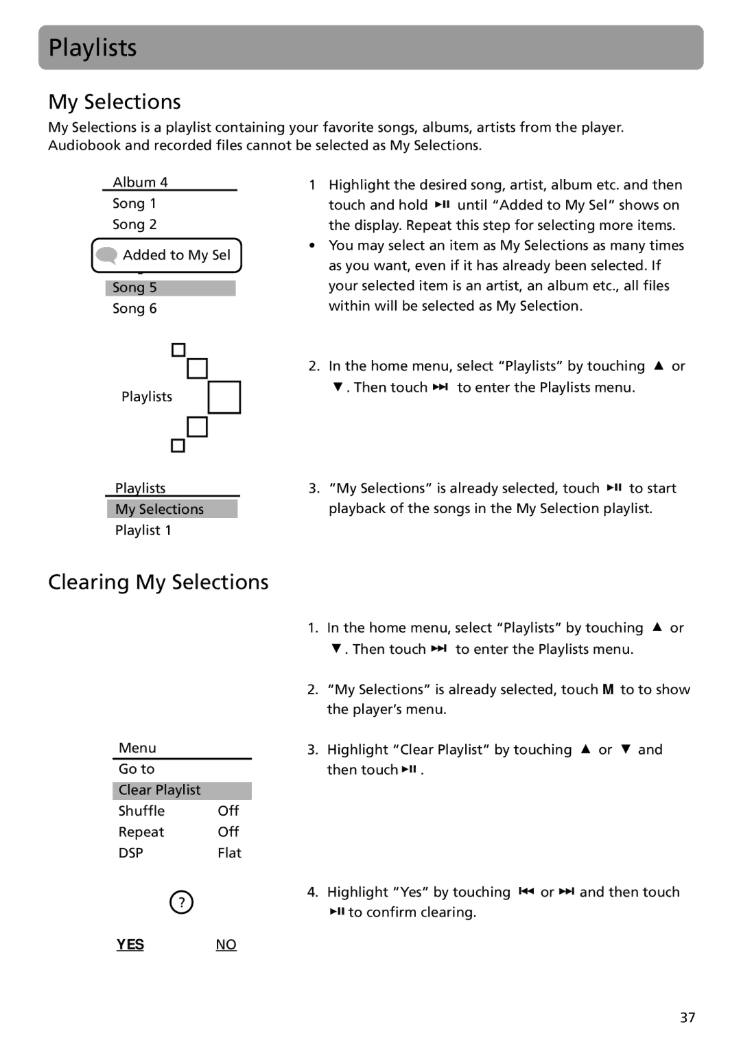 RCA MC5104 user manual Playlists, Clearing My Selections 