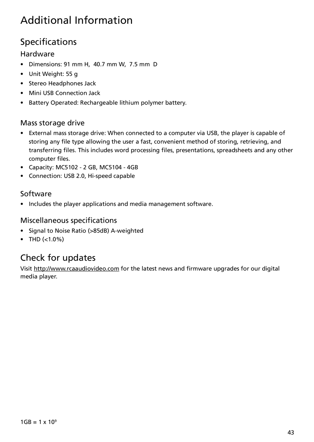 RCA MC5104 user manual Specifications, Check for updates 