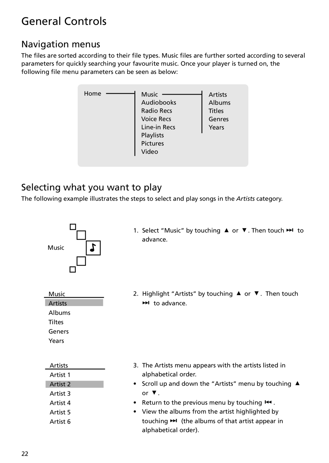 RCA MC5104 user manual Navigation menus, Selecting what you want to play, General Controls 