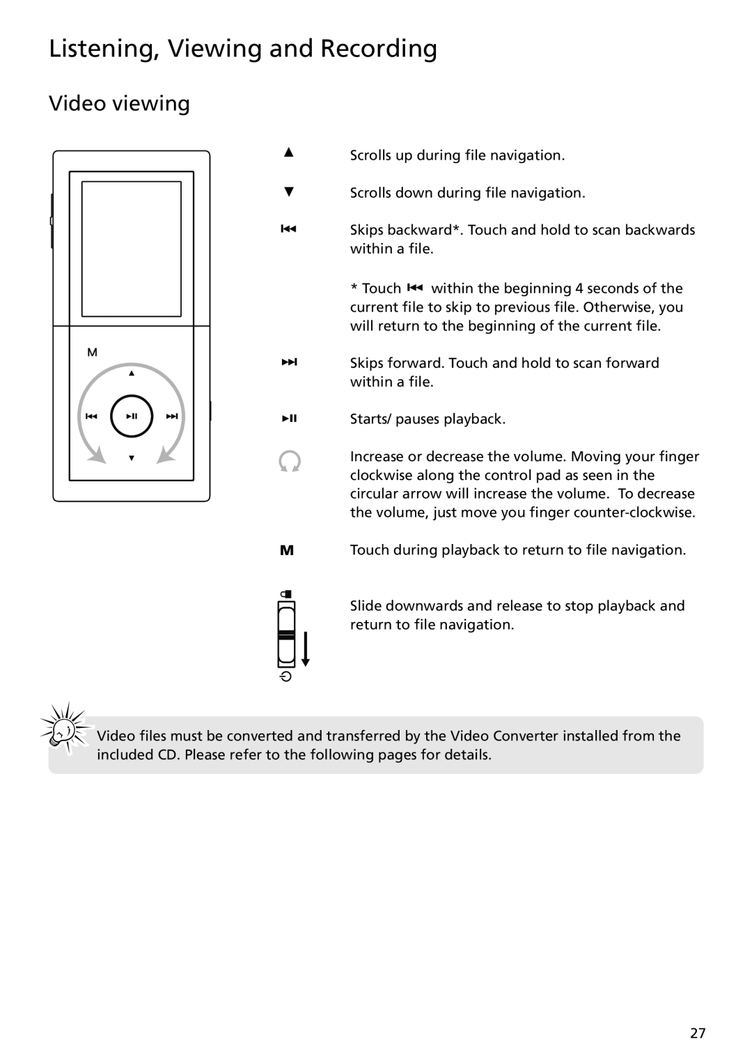 RCA MC5104 user manual Video viewing, Listening, Viewing and Recording 