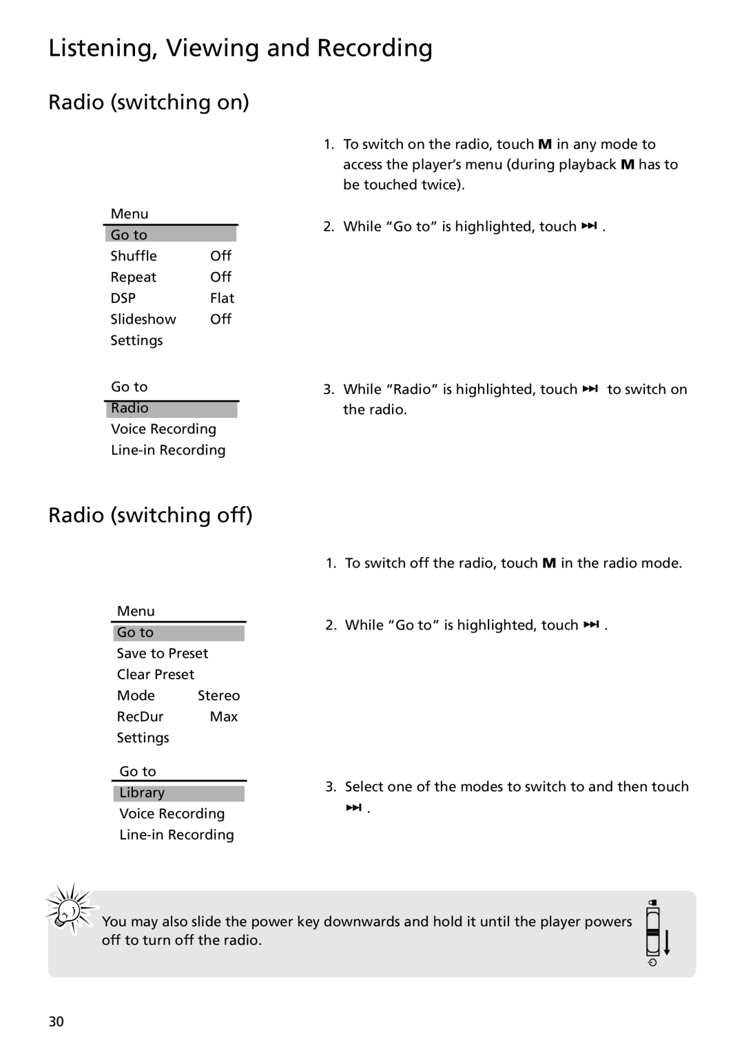 RCA MC5104 user manual Radio switching on, Radio switching off, Listening, Viewing and Recording 