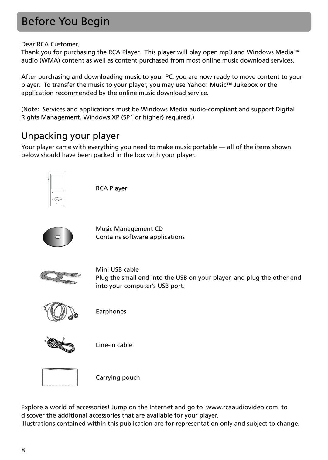 RCA MC5104 user manual Before You Begin, Unpacking your player 