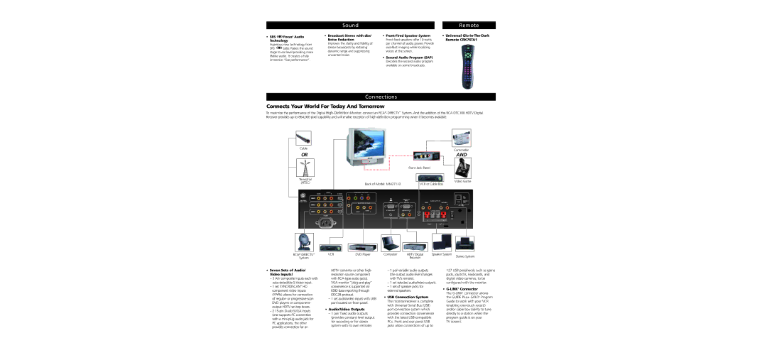 RCA MM27110 specifications Sound, Remote, Connections, Connects Your World For Today And Tomorrow 