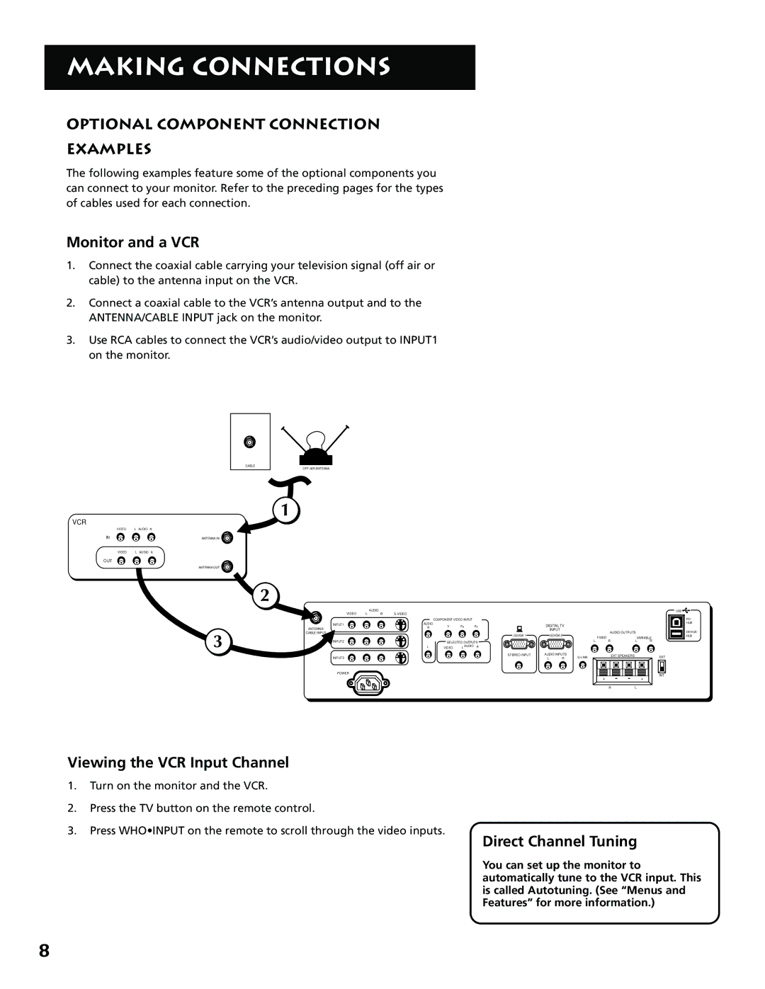 RCA MM27110 manual Optional Component Connection Examples, Monitor and a VCR, Viewing the VCR Input Channel 