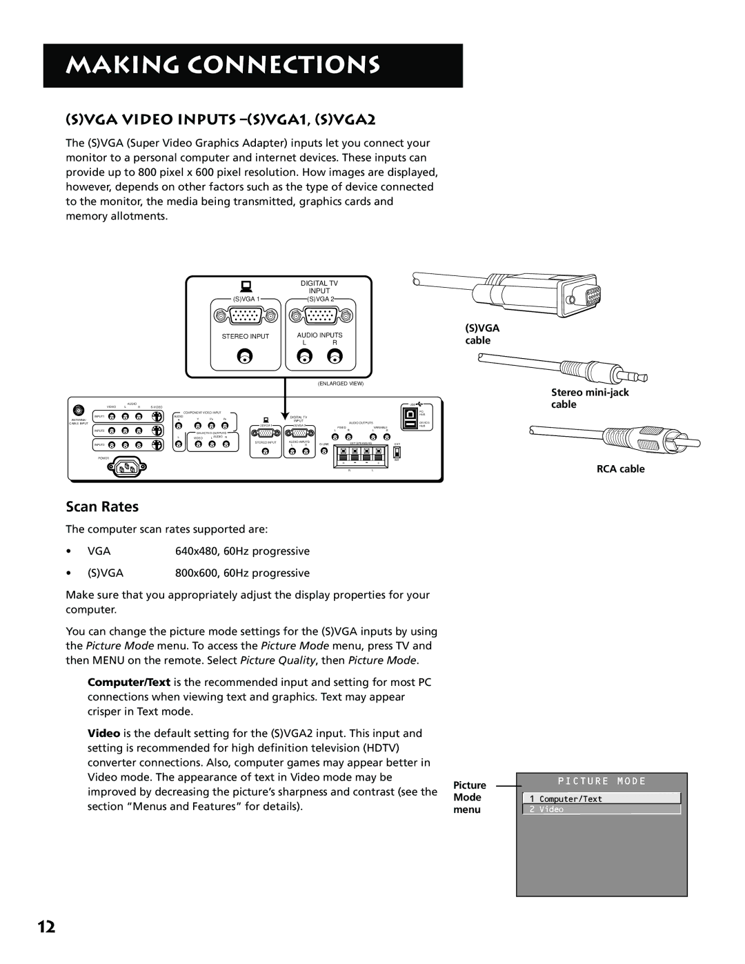 RCA MM27110 manual Svga Video Inputs -SVGA1, SVGA2, Scan Rates, Mode, Menu, Stereo mini-jack cable RCA cable 