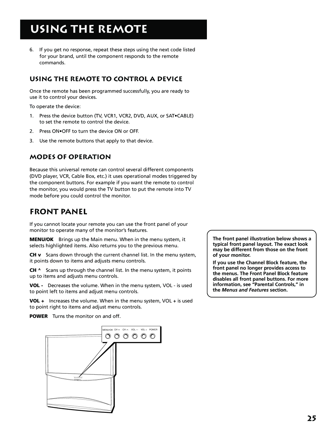 RCA MM27110 manual Front Panel, Using the Remote to Control a Device, Modes of Operation 